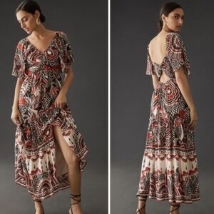 Anthropologie Red and Black Patterned Midi Dress